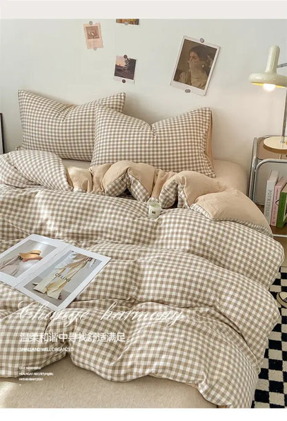 Beige and white checkered DecorBites™ soft Japanese style duvet cover set with plush texture pcs duvet cover and bed sheet
