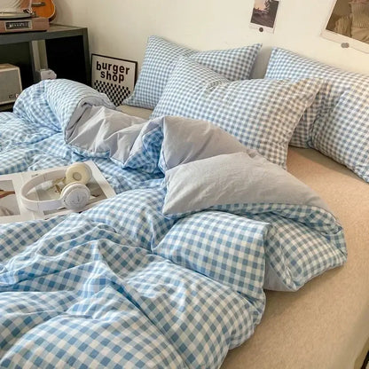 Blue and white gingham duvet cover set with matching pillows made of soft cotton from DecorBites™ pcs duvet cover