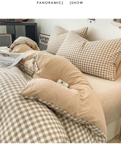 Cozy beige and white gingham check DecorBites™ pcs duvet cover set with soft plush fabric and Japanese style design