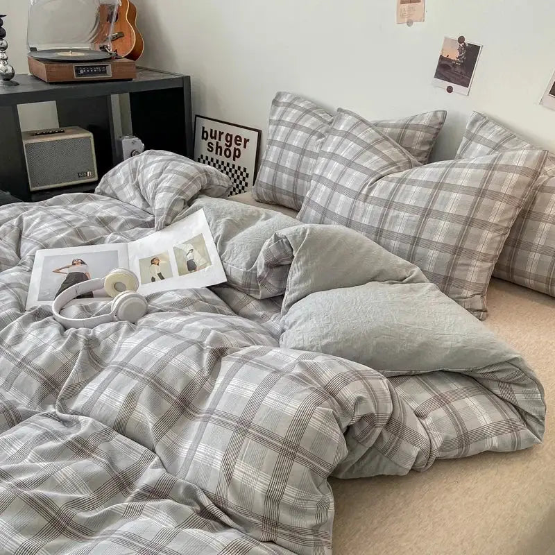 Gray and white plaid decorbites™ soft japanese style duvet cover set with matching pillows pcs duvet cover and bed sheet