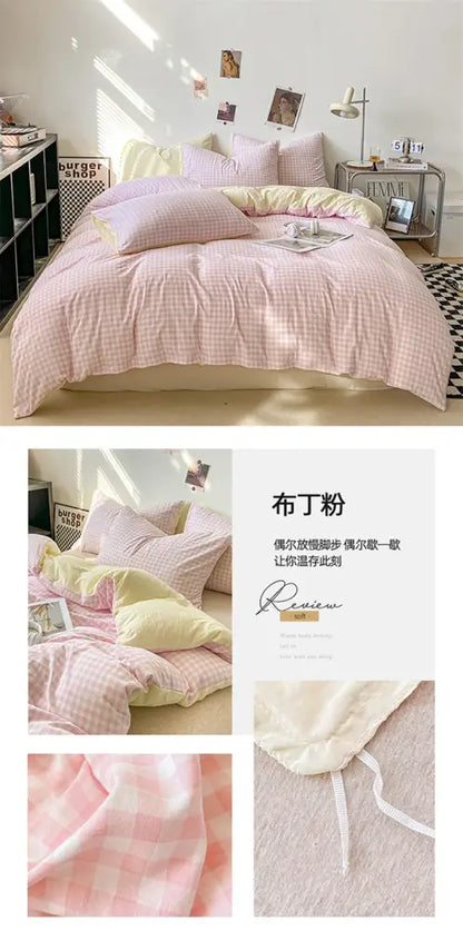 Decorbites™ soft Japanese style duvet cover set in pink and cream gingham with textured fabric bed sheet pcs duvet cover