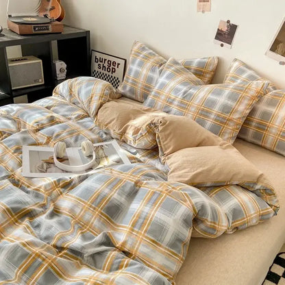 Decorbites soft japanese style duvet cover set with plaid comforter in gray and mustard yellow pcs duvet cover with pillows