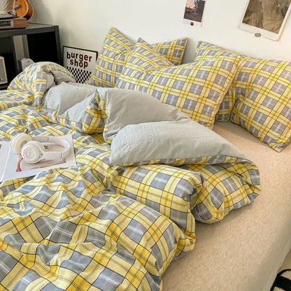 Yellow and gray plaid soft japanese style duvet cover set with matching pillows by decorbites for bed sheets and pcs duvet cover