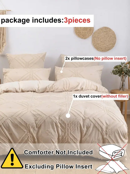 Beige embroidered DecorBites™ soft tufted microfiber duvet cover set with matching pillowcases for elegant bedding