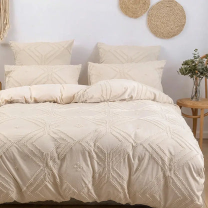 Beige quilted microfiber duvet cover set with geometric embroidery and frayed texture from DecorBites™ cover set