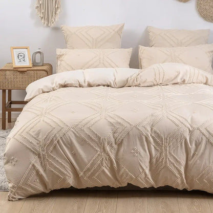Beige textured DecorBites™ soft tufted microfiber duvet cover set with geometric embroidery pattern for bedding
