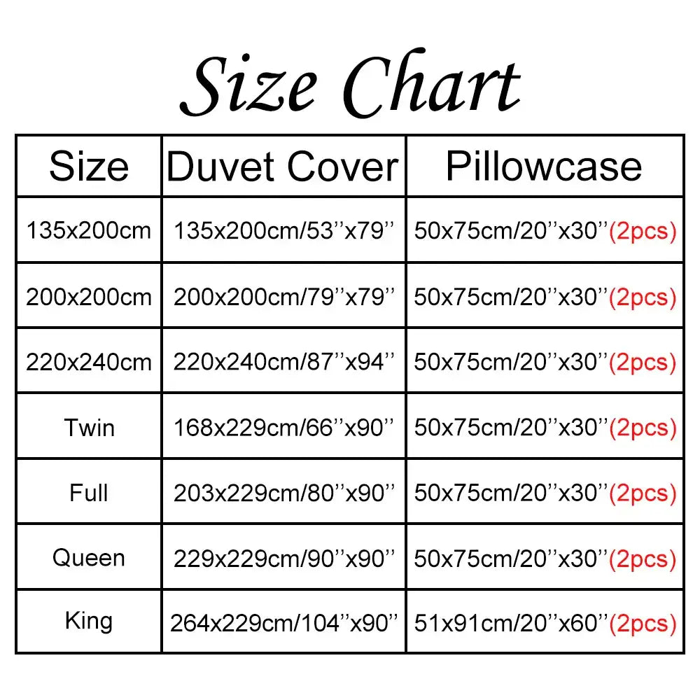 Size chart for DecorBites™ soft tufted microfiber duvet cover set with dimensions for various bed sizes in cm and inches