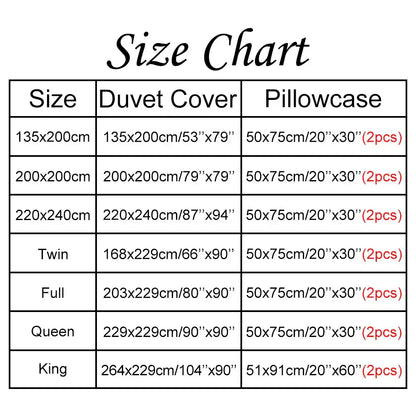 Size chart for DecorBites™ soft tufted microfiber duvet cover set with dimensions for various bed sizes in cm and inches