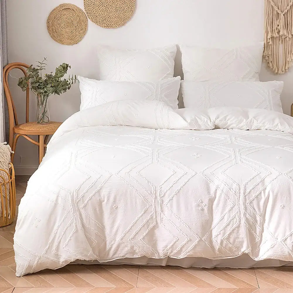White quilted duvet cover with geometric embroidery and frayed texture in decorbites™ soft tufted microfiber cover set