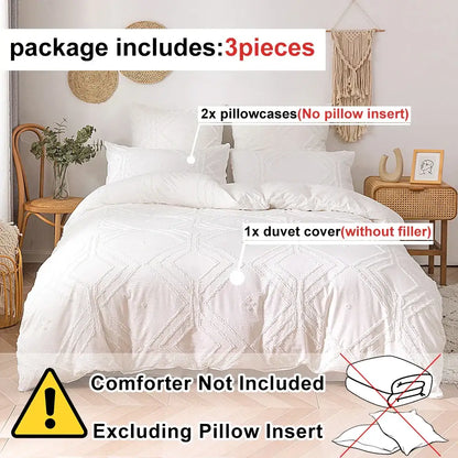 White textured duvet cover set with geometric embroidery pattern made of soft tufted microfiber by DecorBites