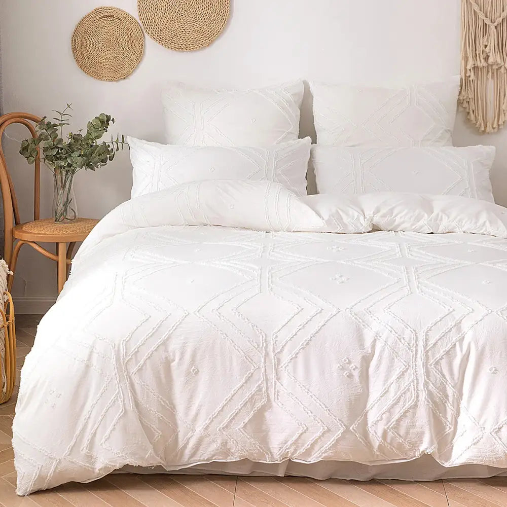 Decorbites™ soft tufted microfiber duvet cover set in white with textured geometric embroidery pattern