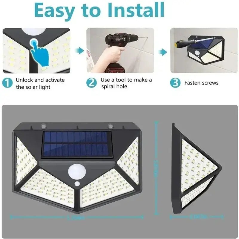 Black triangular DecorBites™ solar outdoor lights with multiple LED panels and motion sensor for sensor mode activation