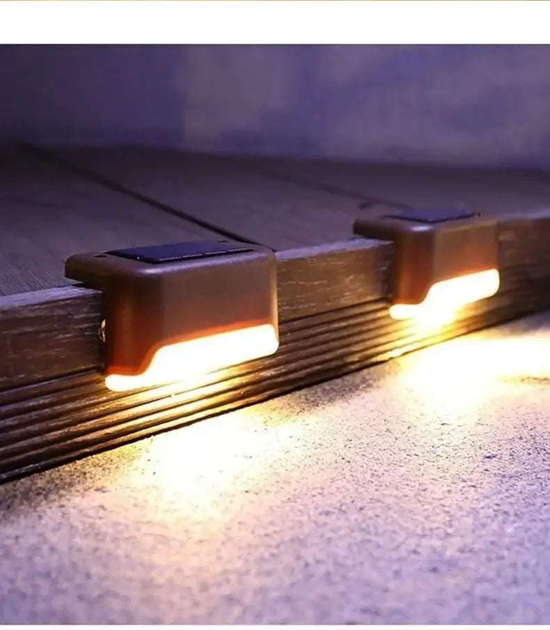 Decorbites™ solar led outdoor stair lights set featuring brown plastic solar led lights with warm yellow illumination