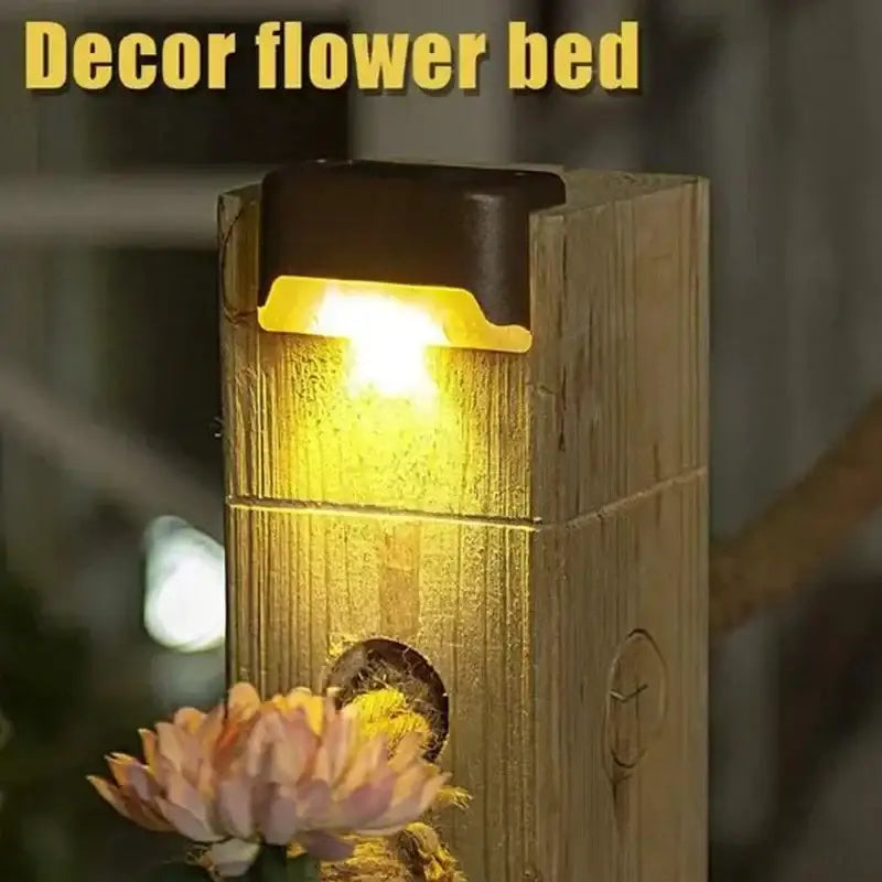 Decorbites solar led outdoor stair lights set wooden post with black solar led light fixture emitting warm yellow illumination