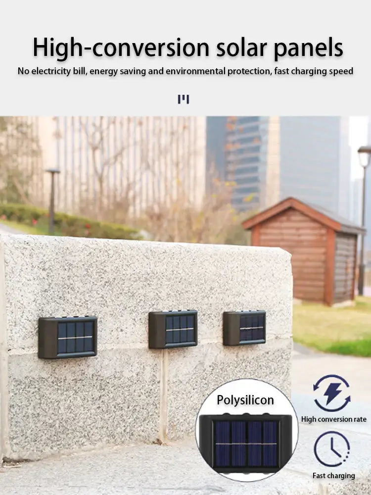 Decorbites solar led outdoor wall light with black rectangular lamp beads and dark blue polysilicon panels mounted on stone wall