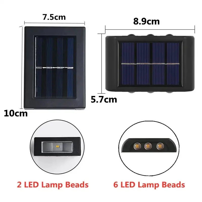 Black rectangular DecorBites™ solar led outdoor wall light with blue solar panels and two or six lamp beads