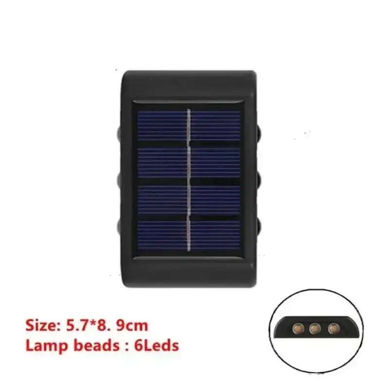 DecorBites™ solar led outdoor wall light features a black rectangular design with six lamp beads and a blue solar panel
