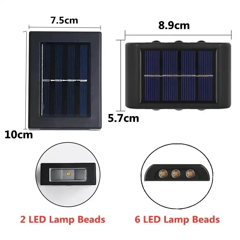 Decorbites solar led outdoor wall light in black with blue solar panels and two or six led lamp beads