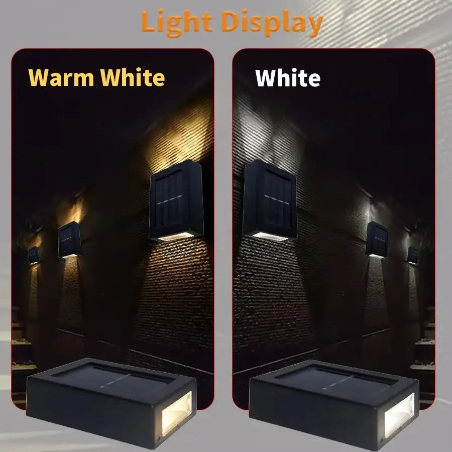 Decorbites™ solar led outdoor wall light in black with lamp beads and angled warm white and cool white illumination