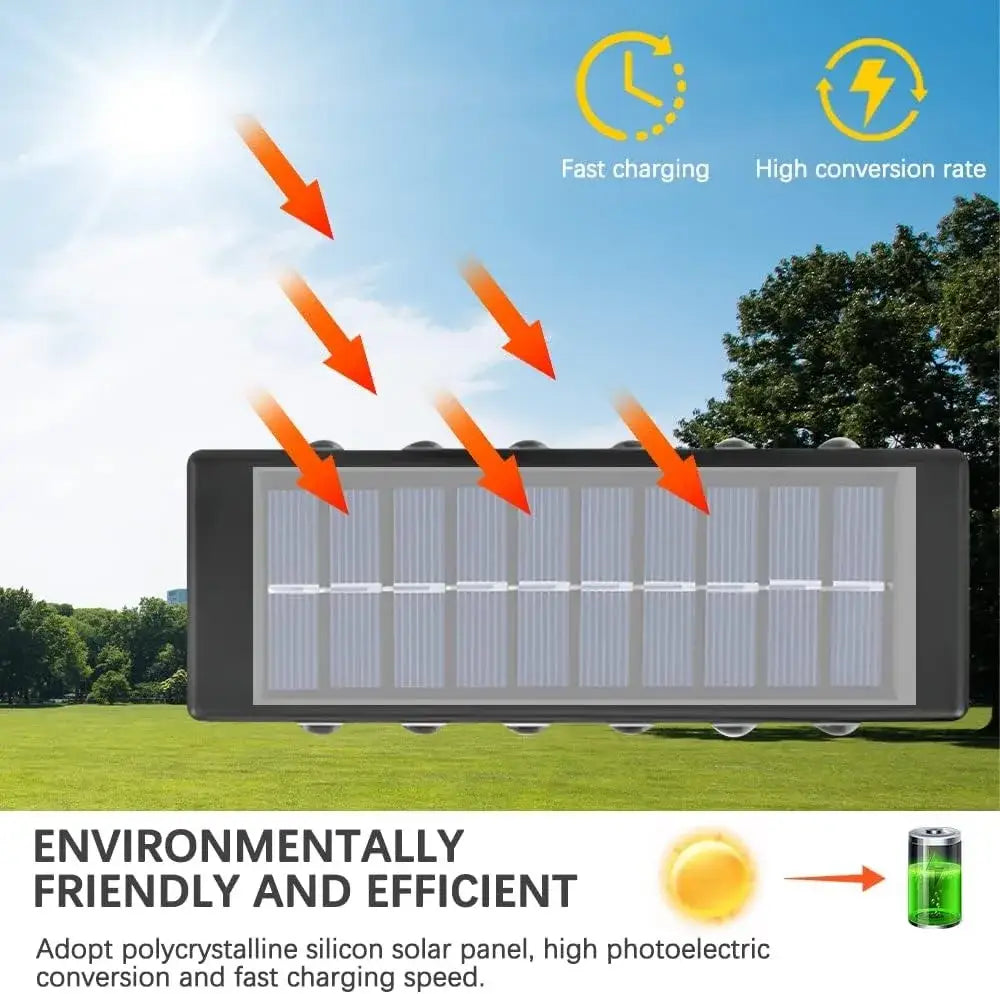 Black rectangular solar led panel with gray photovoltaic cells for fast charging in decorbites™ outdoor wall lights