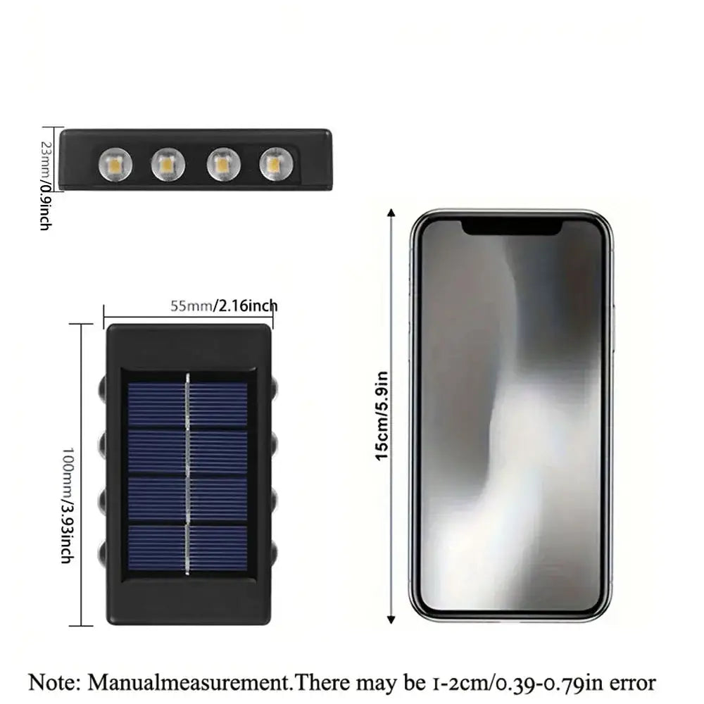 DecorBites™ black rectangular solar led outdoor wall lights with four bulbs and blue solar panel on the back for garden use
