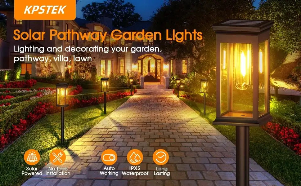 Black metal solar lights pack with super bright warm yellow glow for garden pathways by DecorBites solar lights