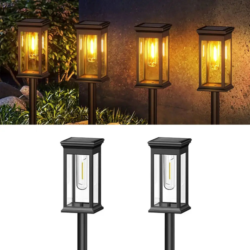 Black solar lights pack with clear glass panels and classic lantern design super bright for garden paths up to 12 hours