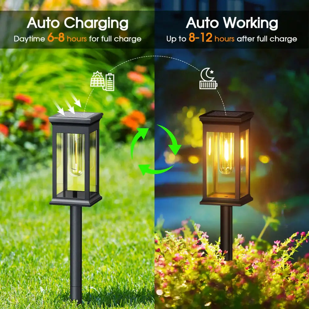 Black solar lights pack featuring a classic rectangular design with clear glass panels and super bright filament bulb illumination