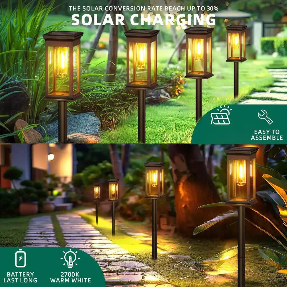 Brass-finished solar lights pack with warm white led glass panels super bright for outdoor decor by decorbites