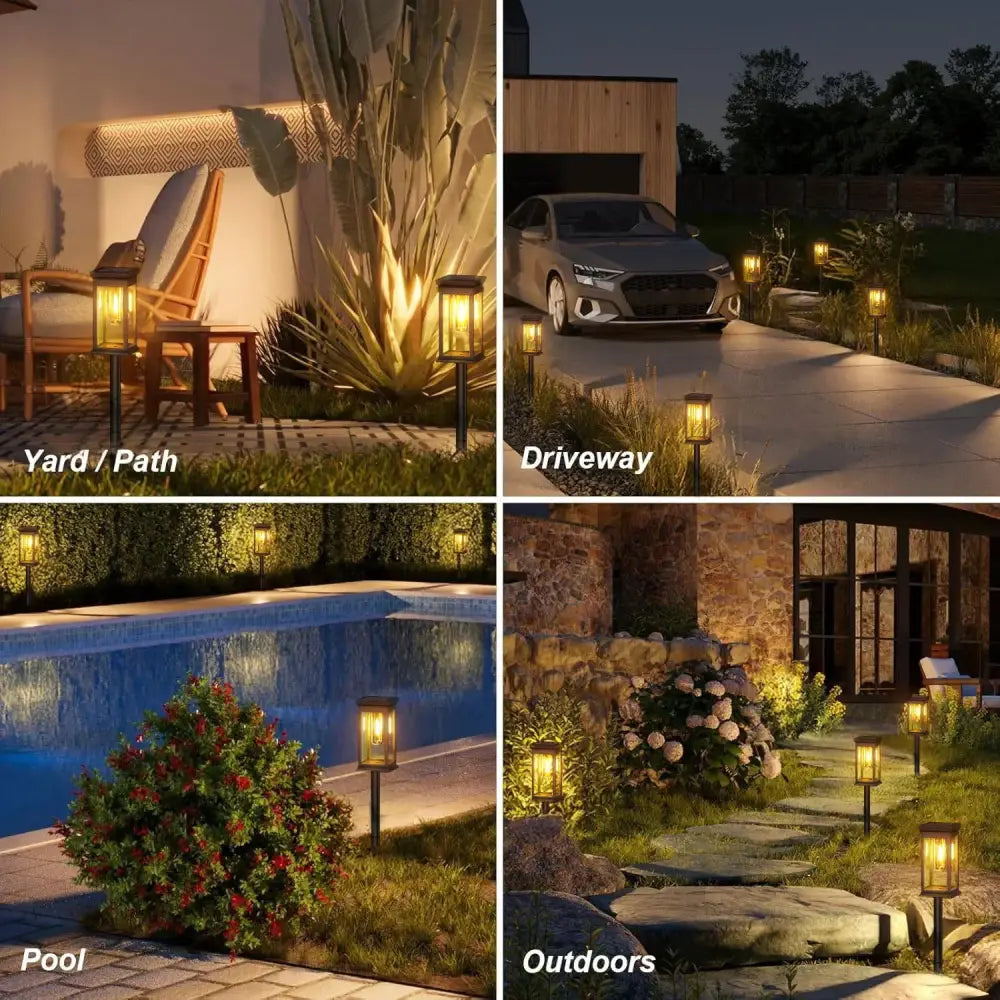 Warm-toned decorbites™ solar lights pack features super bright lantern-style metal framed solar lights with glass panels