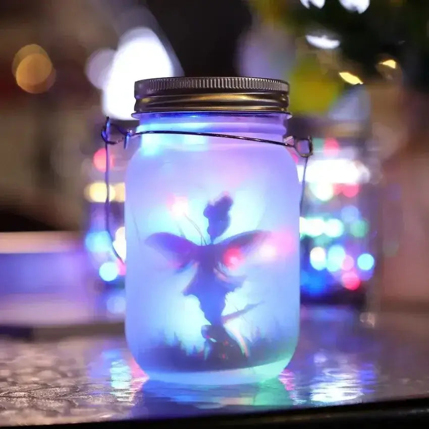 A translucent glass solar mason jar with metallic lid and colorful led lights forming a glowing fairy silhouette