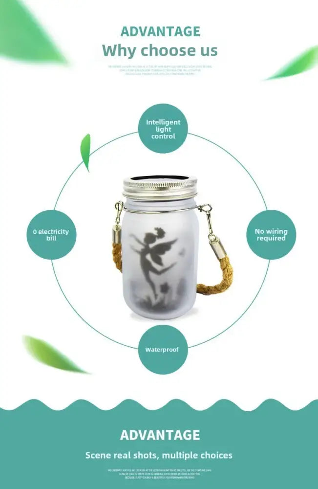 A clear glass solar mason jar with silver lid and rope handle featuring a frosted fairy silhouette for garden decor