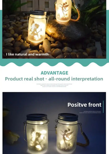Decorbites solar mason jar lanterns with black lids and fairy cutout designs illuminated by warm led light