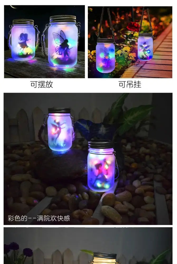 DecorBites™ solar mason jar lanterns with metal lids and carrying straps illuminated by colorful led fairy lights