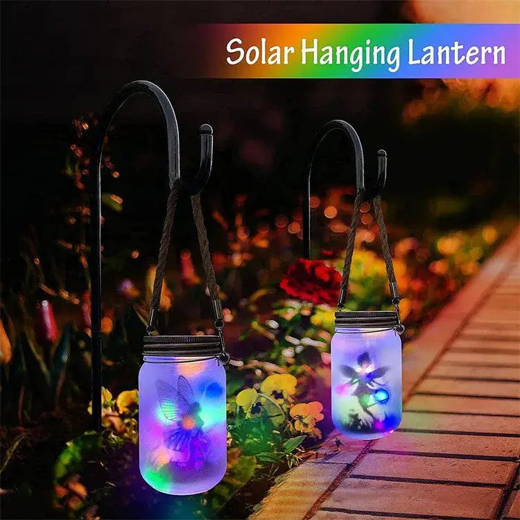 Decorbites™ solar mason jar fairy lights with purple and blue glowing solar mason jars and black metal hooks for garden decor