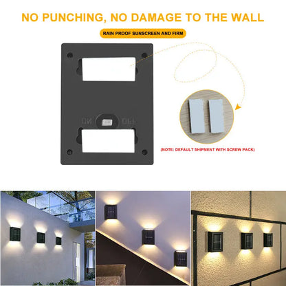 Black rectangular solar wall sconce with sleek modern design and integrated led lights for outdoor garden decoration
