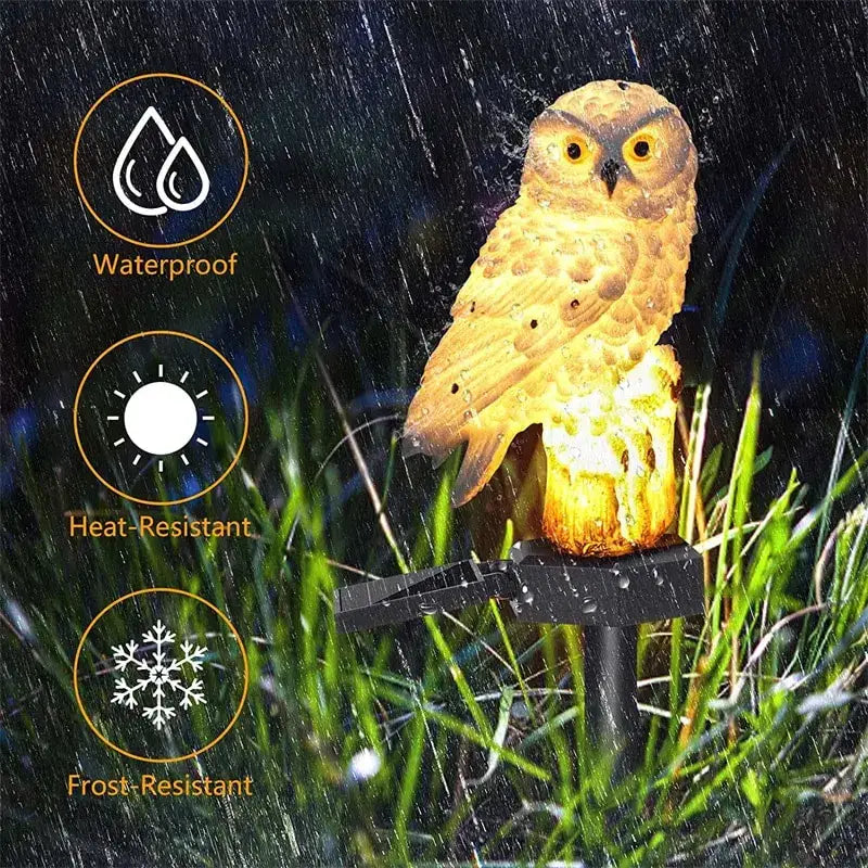 A golden-brown textured owl garden light with black stake and solar panel by decorbites waterproof led design