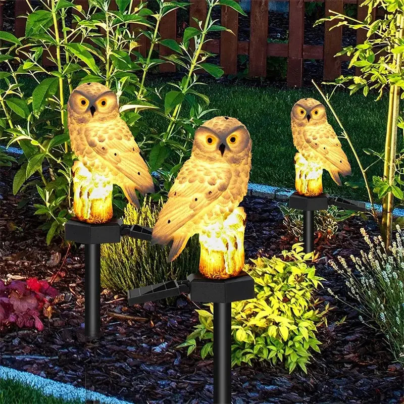 DecorBites™ solar owl garden lights tan color with black stakes and waterproof LED for outdoor decoration