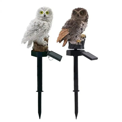 DecorBites solar owl garden light with white and brown feather details, decorative waterproof LED on black stakes