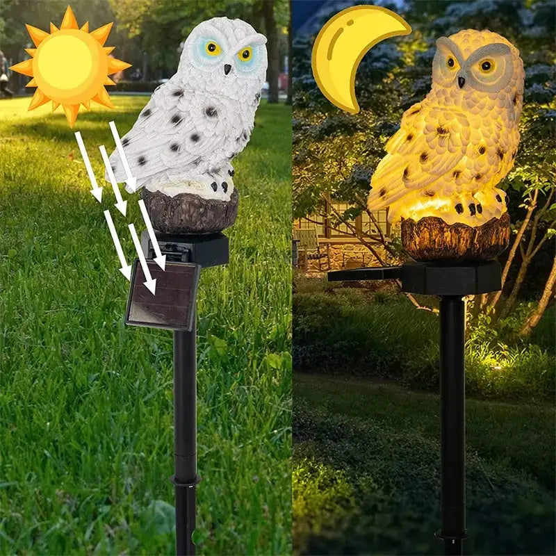 Decorbites solar owl garden light with white and yellow owl design black speckles textured stone base and led eyes illuminated