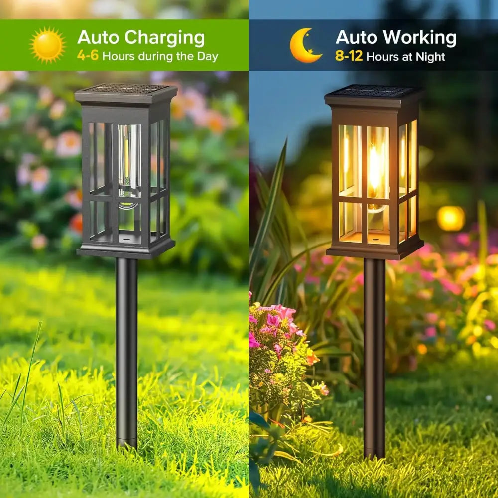 Black DecorBites™ solar pathway lights with classic design, clear glass panels, and integrated LED bulb for outdoor use