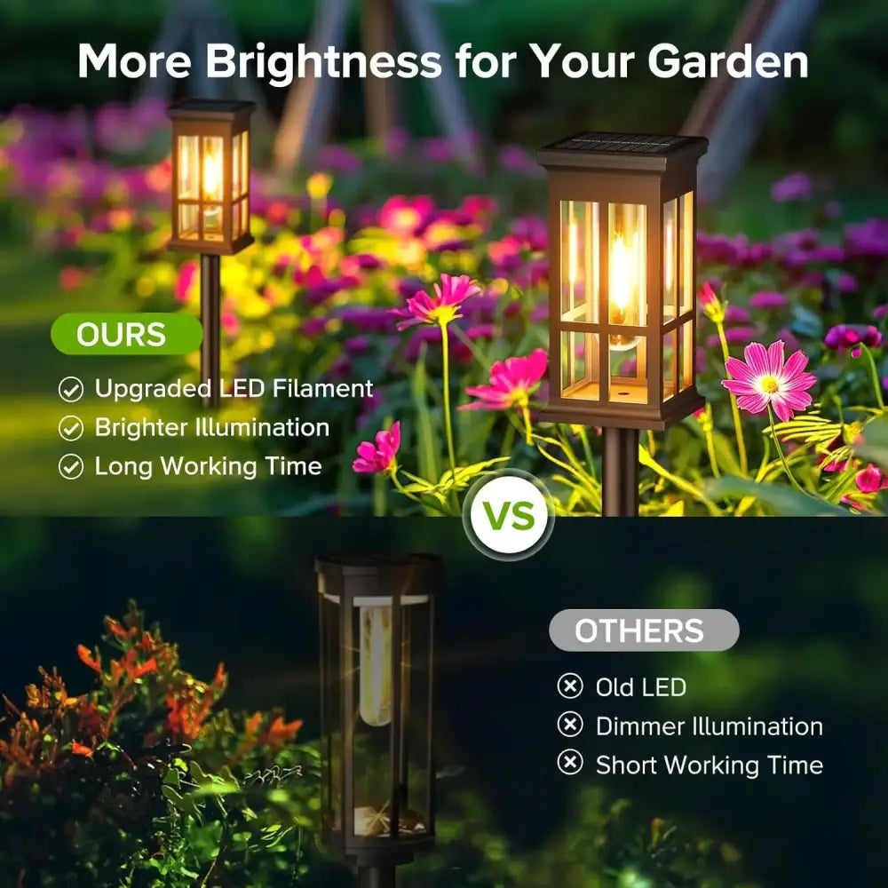 DecorBites™ brown lantern-style solar pathway lights with clear glass panels and warm LED illumination for outdoor use