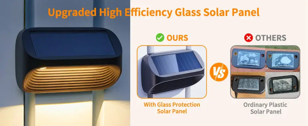 Decorbites™ solar-powered fence lights featuring black glass panels with gold ribbed accents for yard and patio use