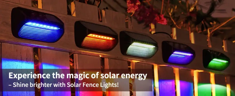 Decorbites™ solar powered black fence lights with colorful led panels emitting blue orange green and purple hues for yard use
