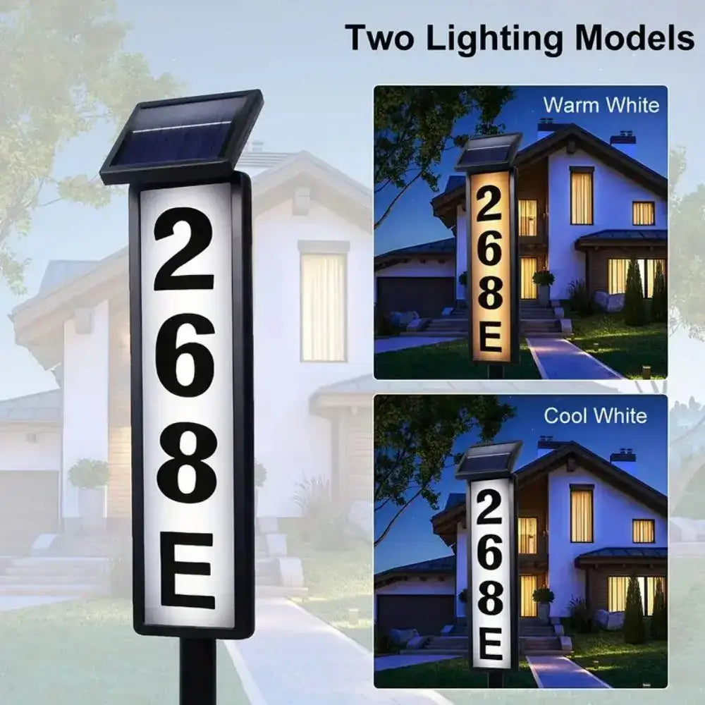 Decorbites™ solar powered led house number sign with black frame and illuminated white background displaying 268e