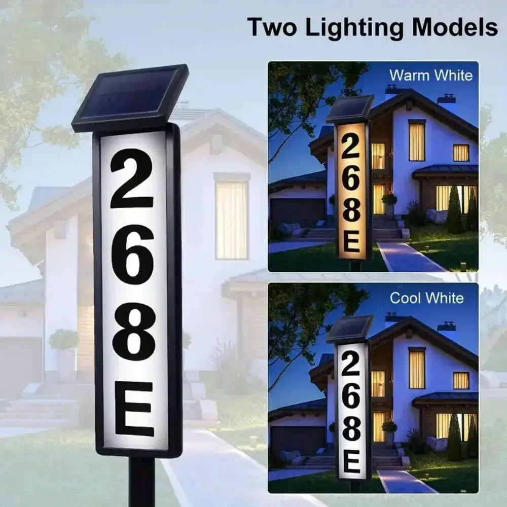 Decorbites solar powered led house number sign with black frame and illuminated white face showing 268e vertically
