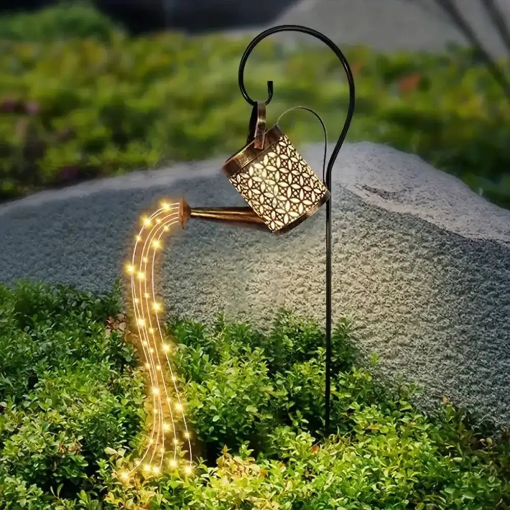 DecorBites™ solar watering can light features a bronze metal sprinkler with led light for outdoor decor and space