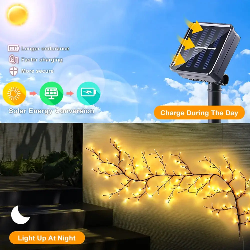 DecorBites solar willow vine light with warm yellow leds and black solar panel charger for outdoor use