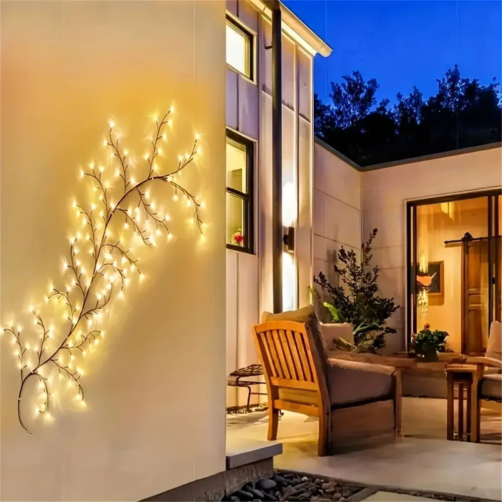 Decorbites™ solar willow vine light with warm white led lights on dark metal branch frame waterproof outdoor vine light