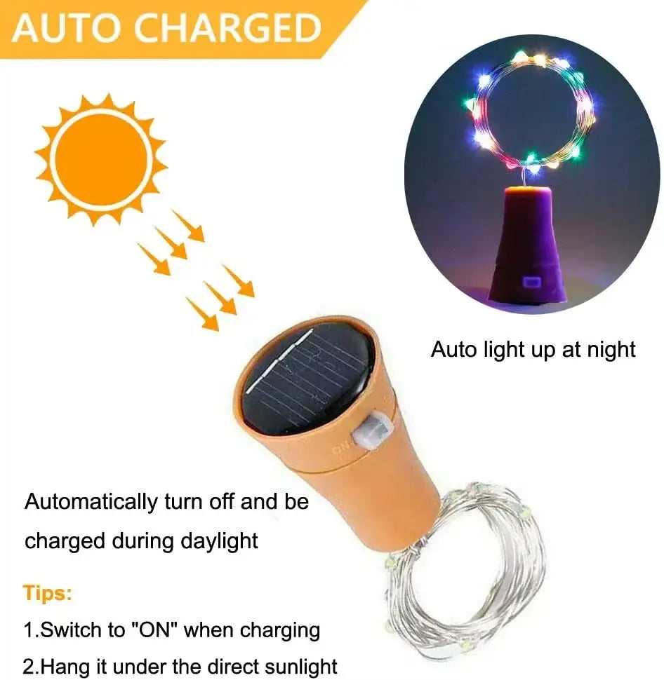 Orange solar wine bottle fairy lights with conical base and flexible wire for home decoration by DecorBites™